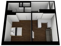 3D půdorys bytu, pohled shora z mírného ůhlu