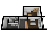 3D půdorys bytu, pohled shora z mírného ůhlu